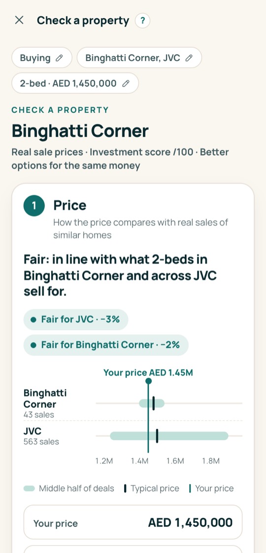 Real app screen: Check a property, comparing an asking price for a 2-bed with real sales in the building and the area.